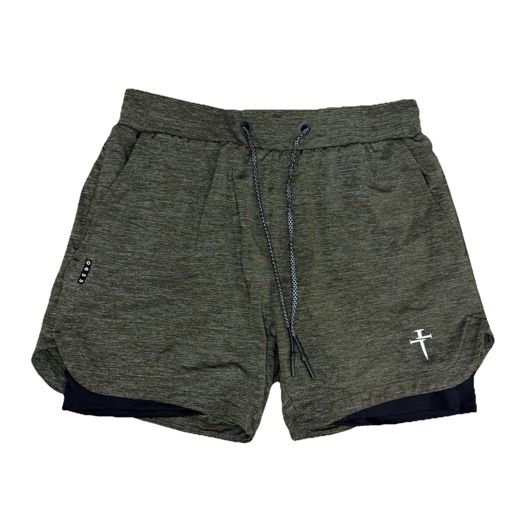 Three Nails 0633 Men's Shorts 5" Sz Medium Heathered Olive Green M Lined  2 in 1